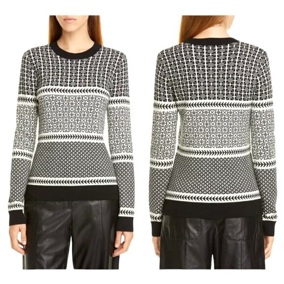 Jason Wu Sweater Womens Small Black Ivory Wool Knit Crew Neck Fair Isle Pullover - Picture 1 of 11